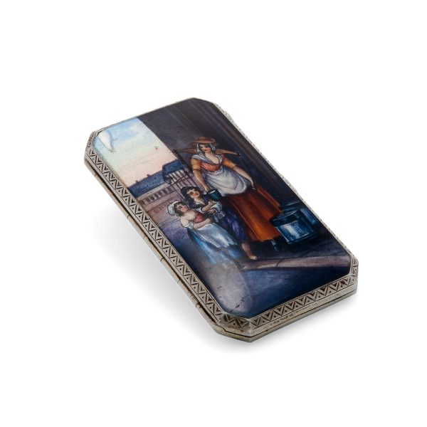 Lot 077 - Silver and enamel cigarette case with folk scene, 20th century European manufacture