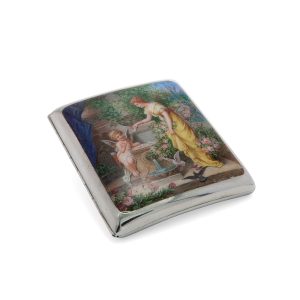 Lot 078 - Silver and enamel cigarette case with young girl and Cupid