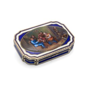 Lot 080 - Silver and guillochè enamel snuff box with tavern scene, Vienna 19th century