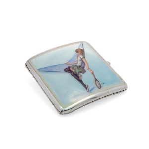Lot 081 - Silver and enamel cigarette case with tennis player, 20th century European manufacture