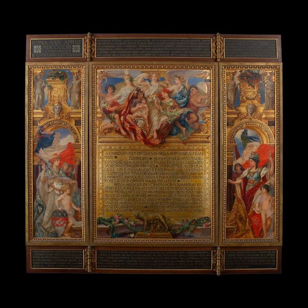 Lot 102 - Giuseppe Cellini (Rome 1855 - 1940), Triptych with celebratory wings, gift of the city of Rome to French President ?mile Loubet in 1904