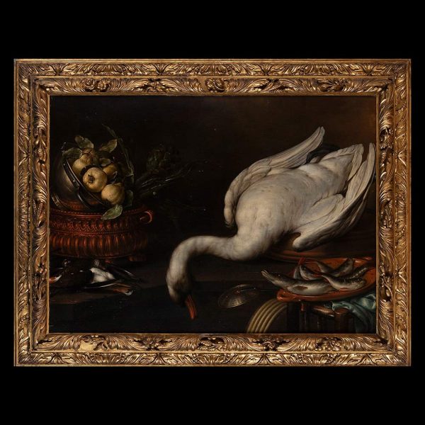 Lot 104 - Cornelis Jacobsz Delff (Gouda 1571 - Delft 1643), Still life with goose, fruit bowl, basin with artichokes and plate of fish