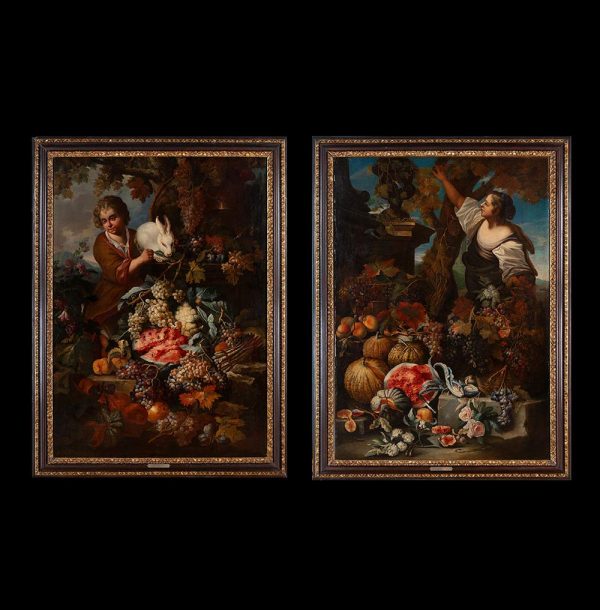 Lot 107 - Christian Berentz (Hamburg 1658- 1722 Rome), A pair of large still lifes with two young men and fruit
