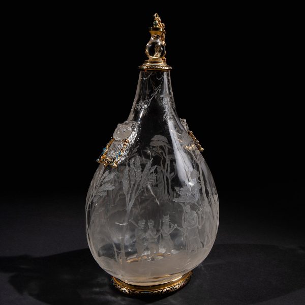 Lot 044 - Rock crystal, gold and enamel flask, Italy first half 20th century