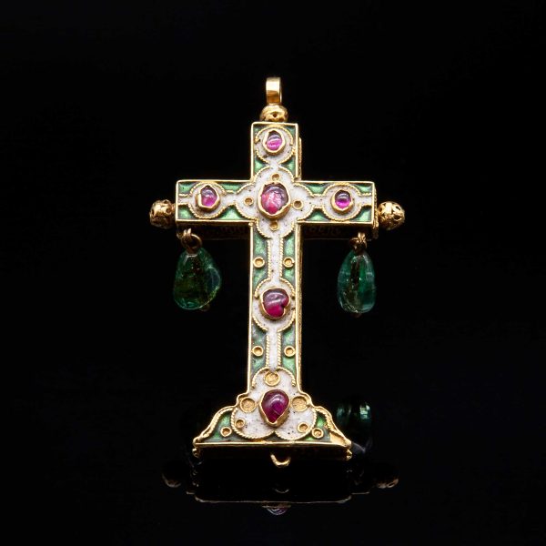 Lot 129 Antique cross pendant made of gold, enamels, rubies and emeralds