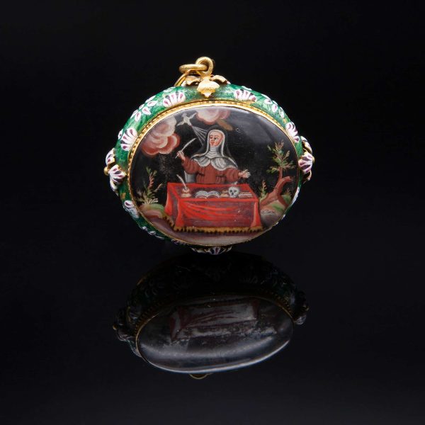 Lot 131 Antique gold pendant with enamels and rock crystal