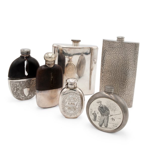 Lot 047 - Lot of six silver-plated metal flasks